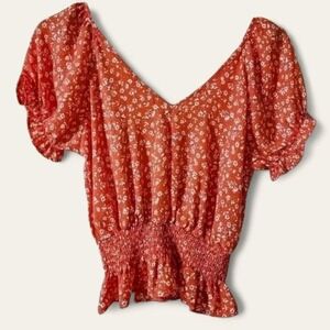 Sienna Sky Orange Floral Smocked Peplum Top Short Sleeve‎ V Neck Women's Small